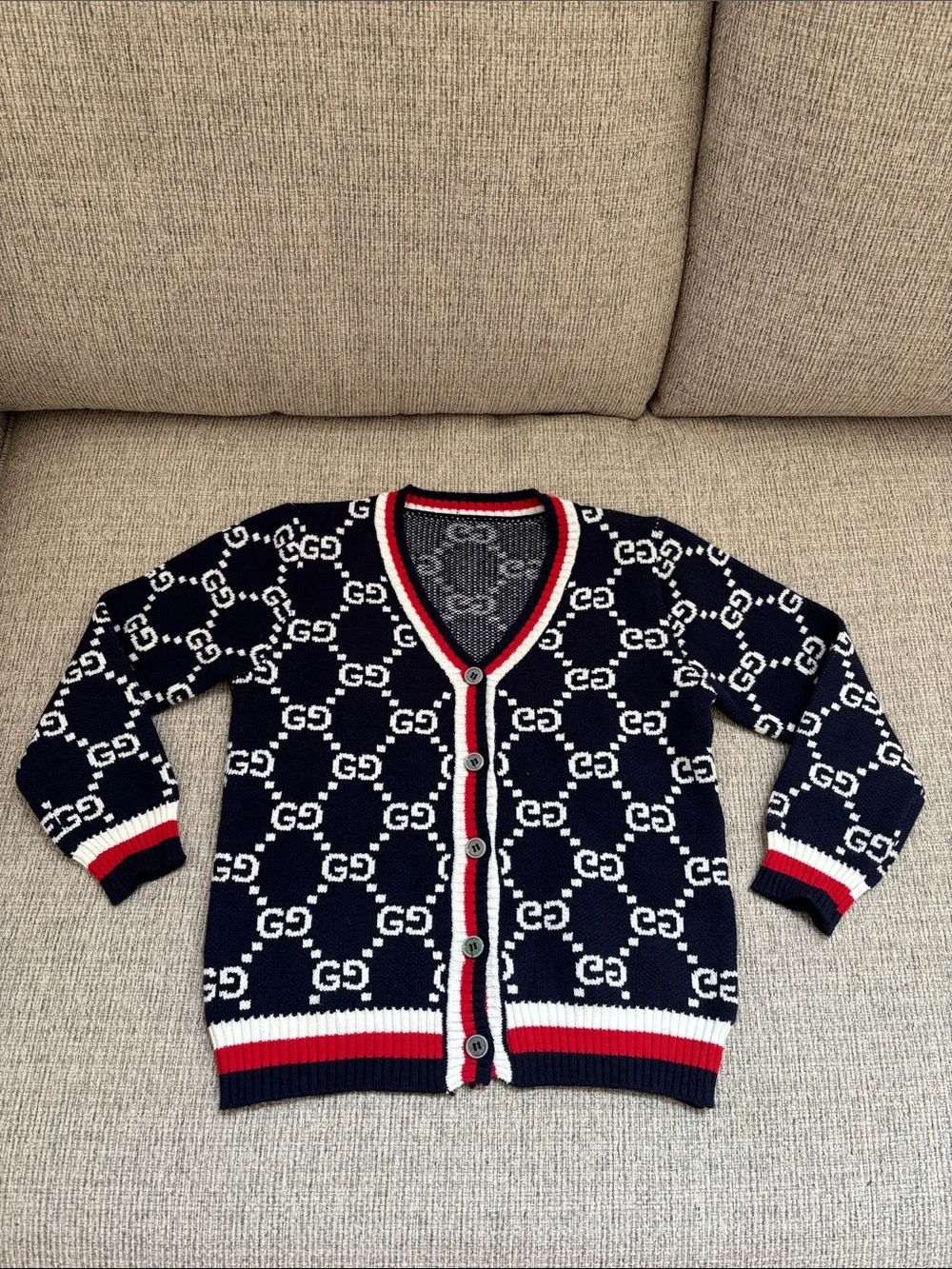 Kids Navy & White GG Logo Knit Cardigan w Red Trim no size tag look pics cute - Picture 2 of 10